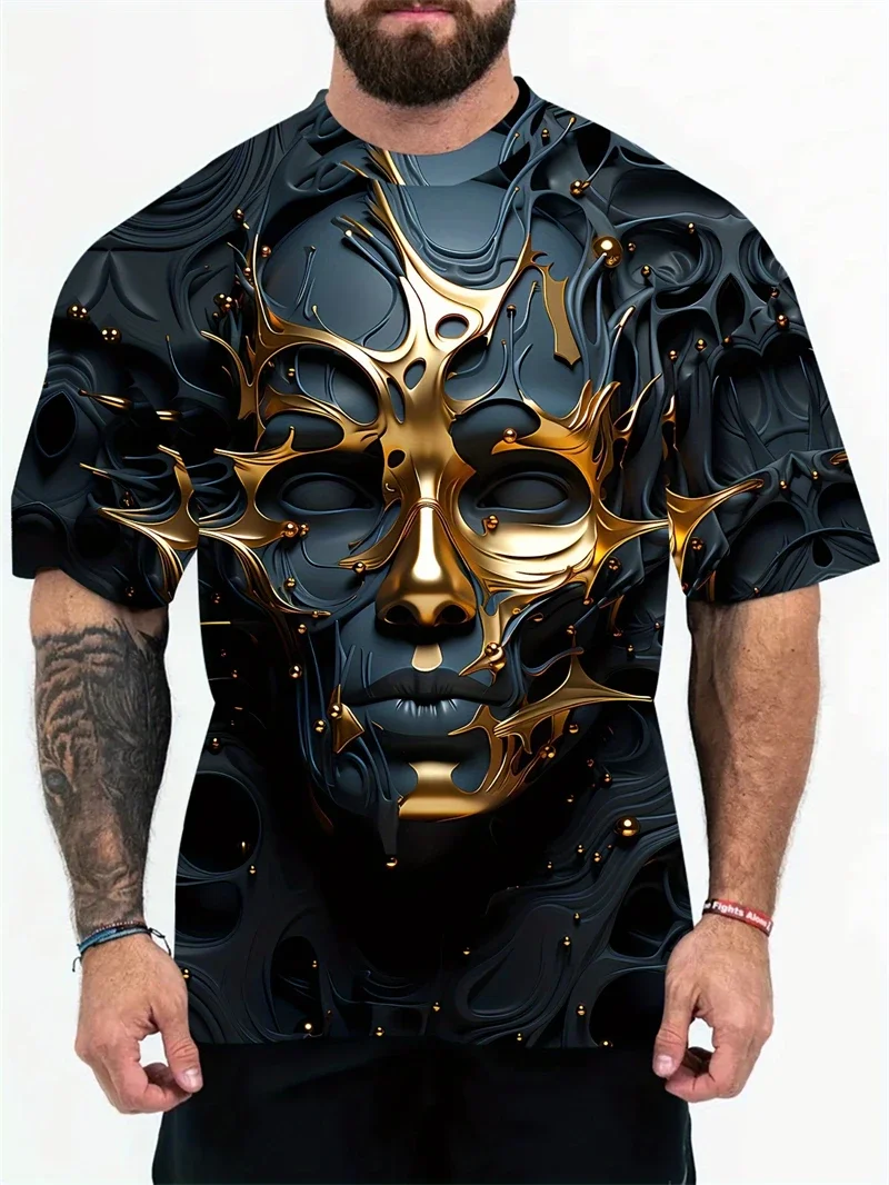 Herren T-Shirt mit schwarzem Goldmasken-Print, 3D Metallic Rundhals Kurzarm, lässige Streetwear, atmungsaktives Oberteil