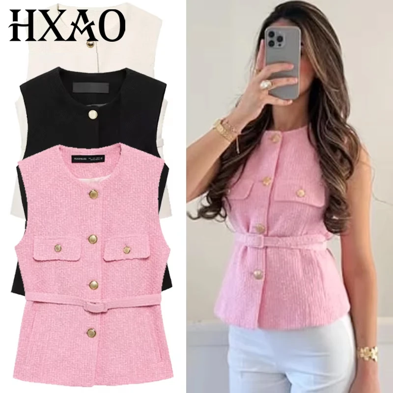 HXAO Women's Vests Textured Waistcoat Women Summer Pink Black White Vest Outerwears Elegant Button Belt Sleeveless Vests Giletes