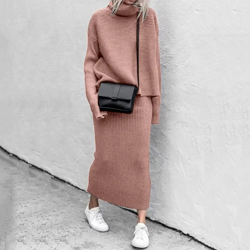 2024 Autumn Women Sweater Skirt Two Pieces Set Thermal High Collar Knitting Pullover Long Skirt Set Winter Knit Blouse Skirt Set