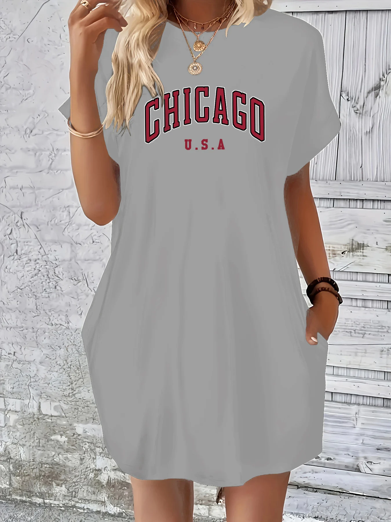 Vestido holgado de verano para mujer CHICAGO USA con estampado de letras, cuello redondo, manga corta, bolsillo, cómodo, informal, de talla grande