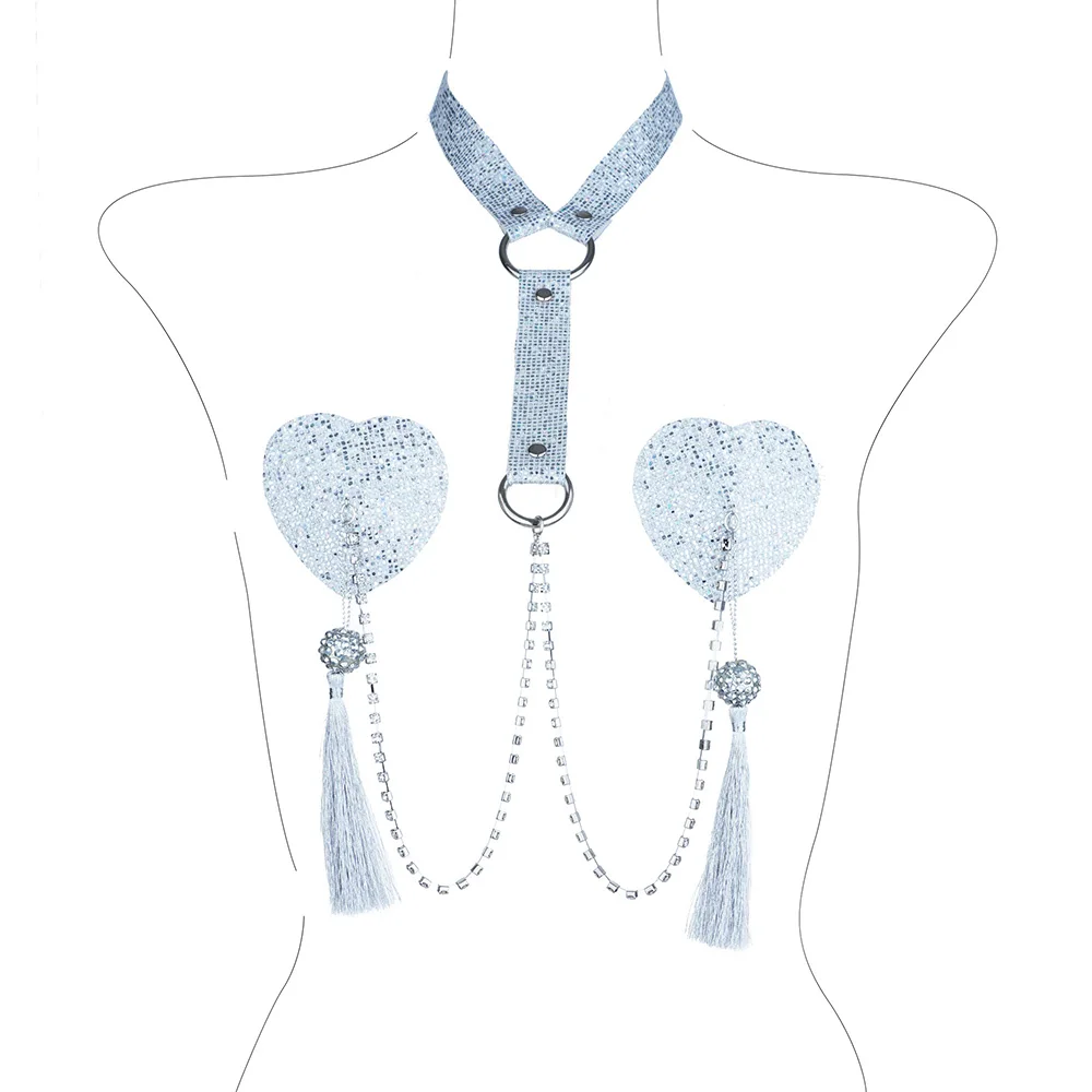 

Sexy Sequin Nipple Pasties Chain Linked Nipple Cover Reusable With Choker Tassel Pendant Bondage Body Jewelry Underwear Chain