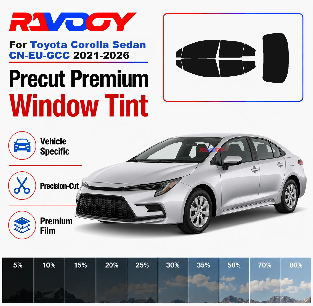 

Premium Precut Window Tint Kit Front Rear Windows Rear Windshield For Toyota Corolla Sedan CN-EU-GCC 2021-2026 Nano Ceramic Film