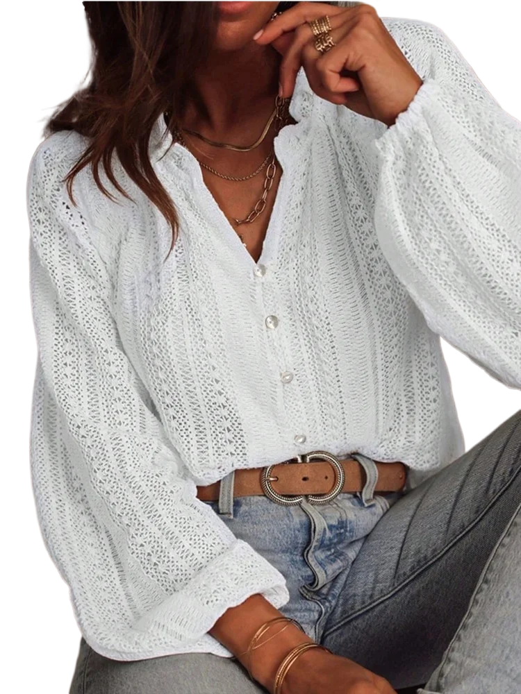 

Женская модная полая кружевная рубашка с v-образным вырезом на пуговицах и длинными рукавами, блузки, весна-осень 2022, новые офисные женские однотонные рубашки, топы