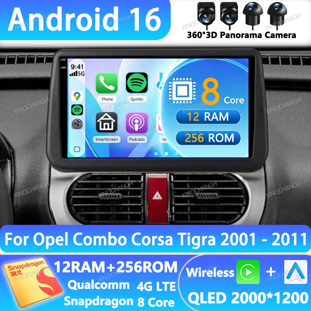 Android 16 Car Radio For Auto For Opel Combo Corsa Tigra 2001 - 2009 2010 2011 Head Unit QLED 2DIN GPS 4G LTE 5G WIFI Navigation