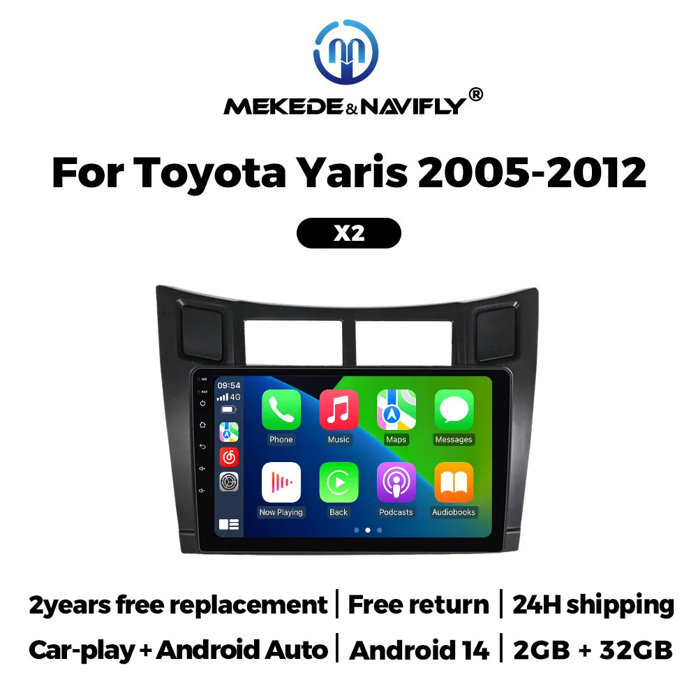 

NaviFly 9-дюймовый экран, беспроводной Carplay, Android 14 для Toyota Yaris 2005-2012, автомобильное радио, видеоплеер, GPS-навигация, 2Din, стерео, FM