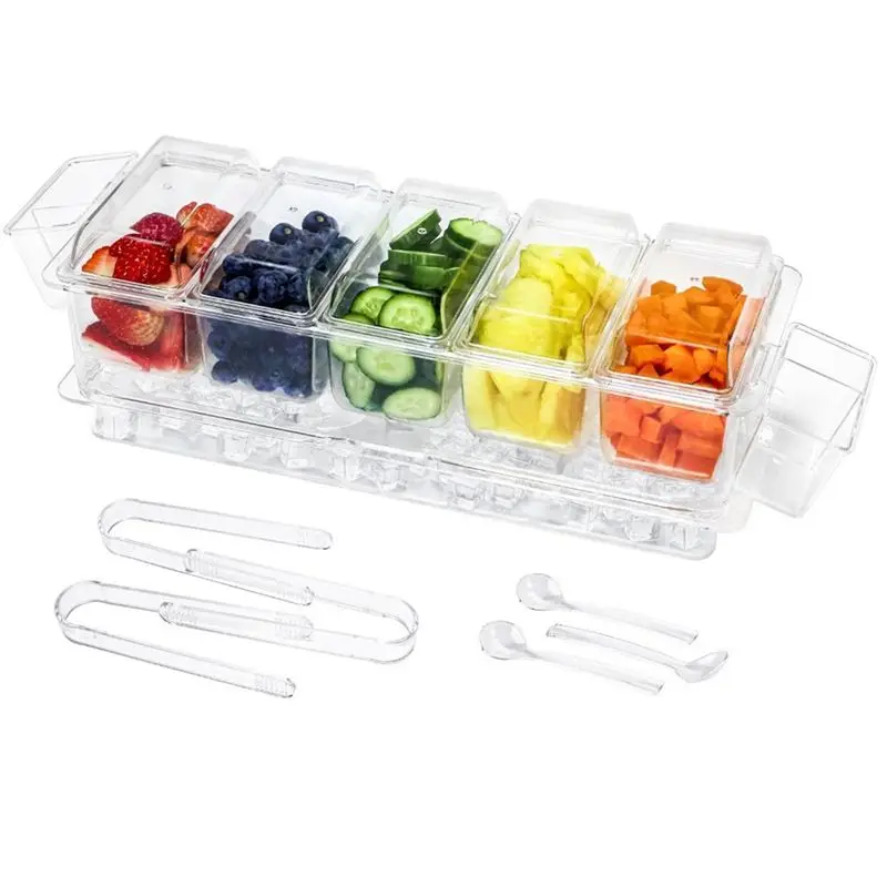 

ABHZ-Ice Chilled Condiment Organizer With Detachable Ice Box&Hanging Side Bins-Ice Chilled Taco Bar Serving For Parties,Fruit