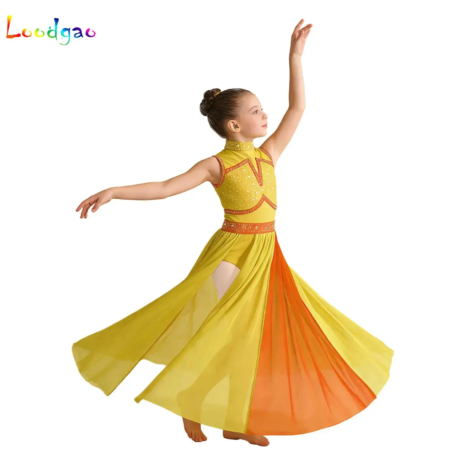 

Kids Girls Ballet Dance Performance Competition Dress Ballroom Modern Lyrical Dance Costume Rhinestone Tank Leotard Maxi Skirts