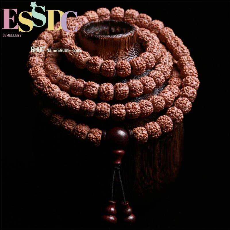 High Quality Natural Five-petal Tibetan 108 Rudraksha Beads Mala Lobular Red Sandalwood Triplet Buddhist Jewelry Yoga Bracelet