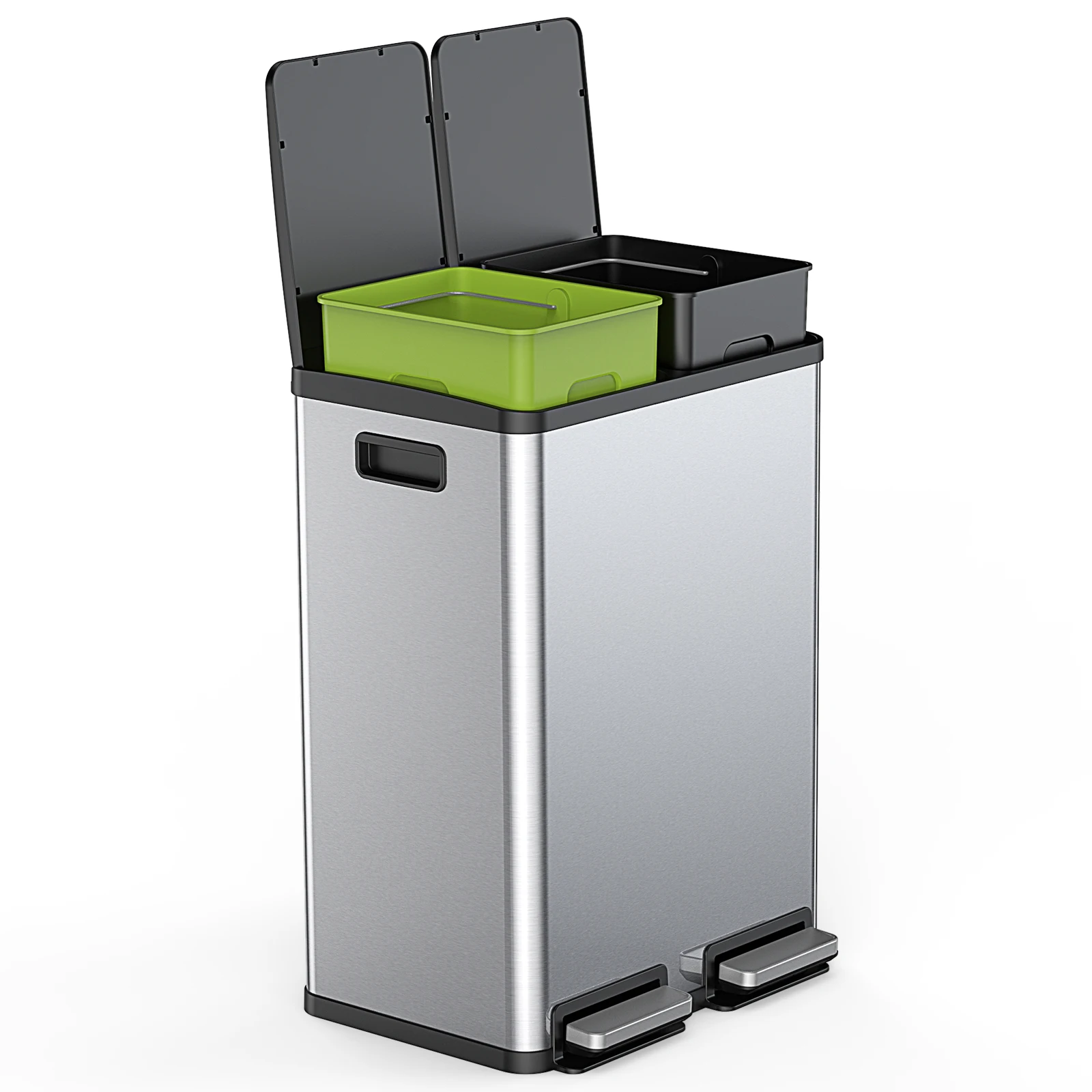 

Kitchen Trash Can with Lid, 2×8 Gallon Stainless Steel Bin, Step Pedals, Fingerprint-Proof, For Bathroom Bedroom Home Office