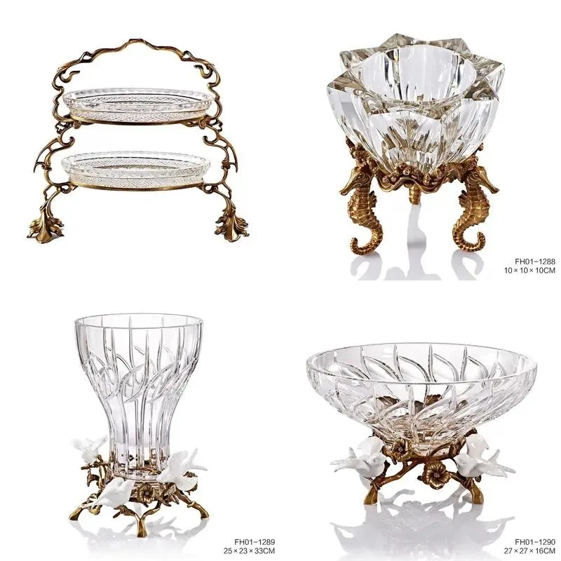 Royal Handmade Copper Fruit Plate Crystal Decorative Plate Living Room Glass Candy Bowl with Brass Accessories