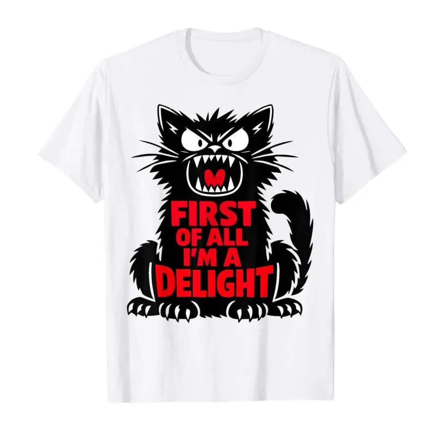 

Angry Black Cat First of All Im a Delight Graphic T-Shirt Cotton Crew Neck Short Sleeve