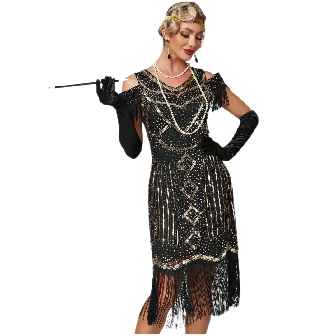 

1920/30s Cosplay Flapper Dress Sleeveless Deep V-neck Sequin Embroidery Gatsby Party Costume Halloween Stage Dancing Dress