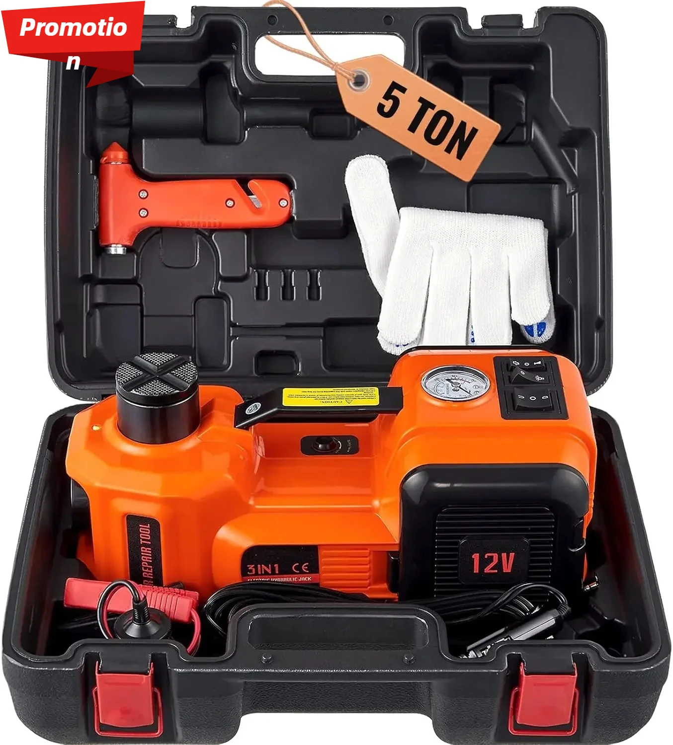 Electric Car Jack, 5 Ton/11023 LBS Hydraulic Jack Lift with Built-in Inflatable Pump and LED Light,