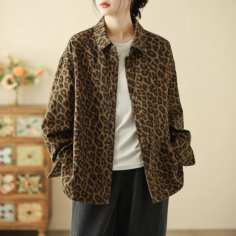 

Retro Leopard Print Ne irt Women's Loose Fit Spring 2025 Lazy Sle Large Size Personali irt Coat