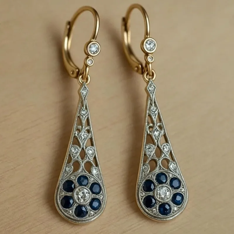 Ladies' Vintage Hollow Water Droplet Earrings Inlay Blue White Cubic Zircon Light Luxury Ear Buckle Elegant Atmosphere Jewelry
