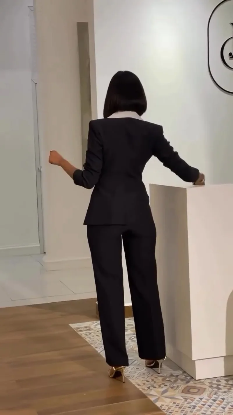 Guwu outono escritório feminino calça ternos elegante contraste cor manga longa fino blazer topo e calças retas conjuntos de duas peças