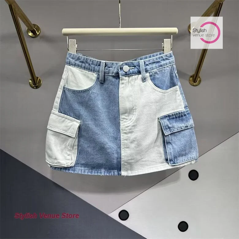 American vintage embroidery design denim skirt female summer fashion high waist spice girl A-word anti-exposure hip shorts skirt