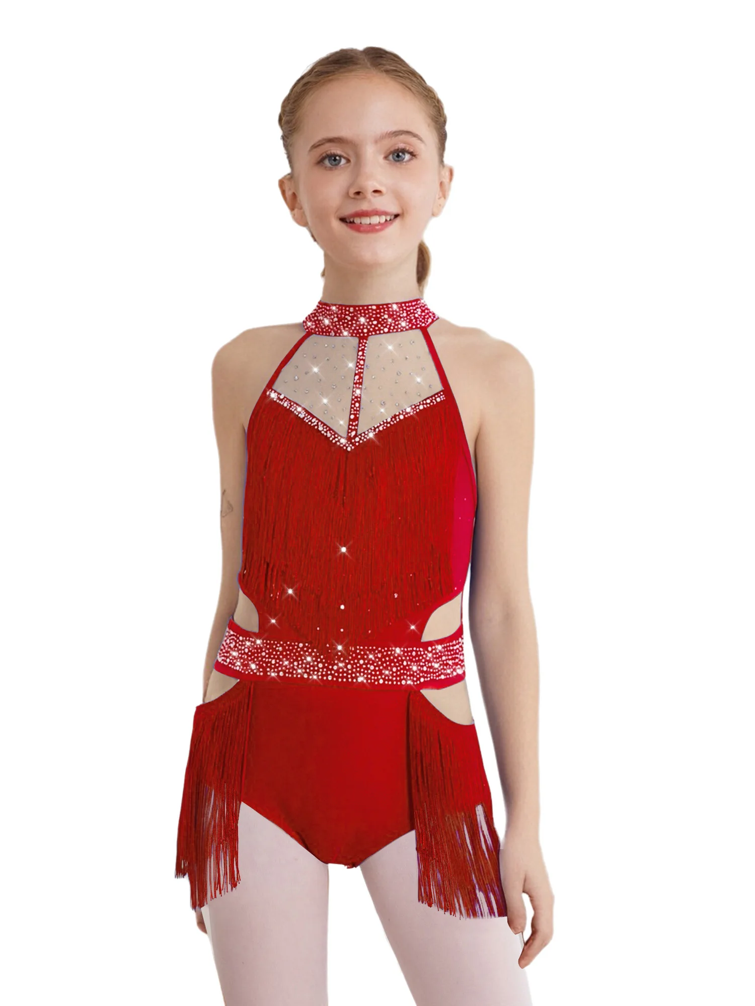 

Girls Latin Dance Leotard Costume Sleeveless Cutout Back Sheer Mesh Patchwork Rhinestones Bodysuit Tassels Tango Jazz Dancewear