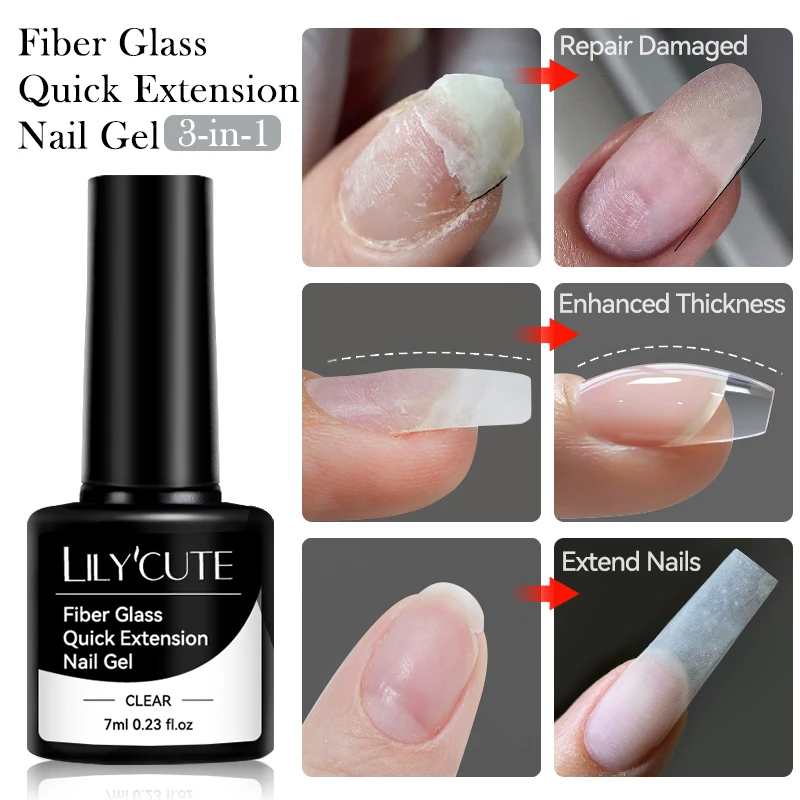 LILYCUTE 7ML Clear Fiber Glass Quick Extension Gel Nail Polish 3-IN-1 Repaired Enhanced Extended Soak Off UV Gel Nail Building