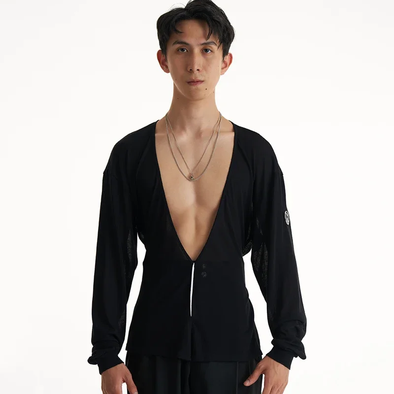 남성 현대 무용 의류 남성 라틴 의상 섹시한 빅 v 넥 메쉬 셔츠 Chacha Rumba Tango Dress 라틴 댄스상의