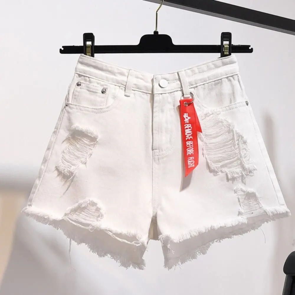 Trendy Ripped Jean Shorts Tassel High Waisted Short Pants Frayed Raw Hem All-match Distressed Short Summer