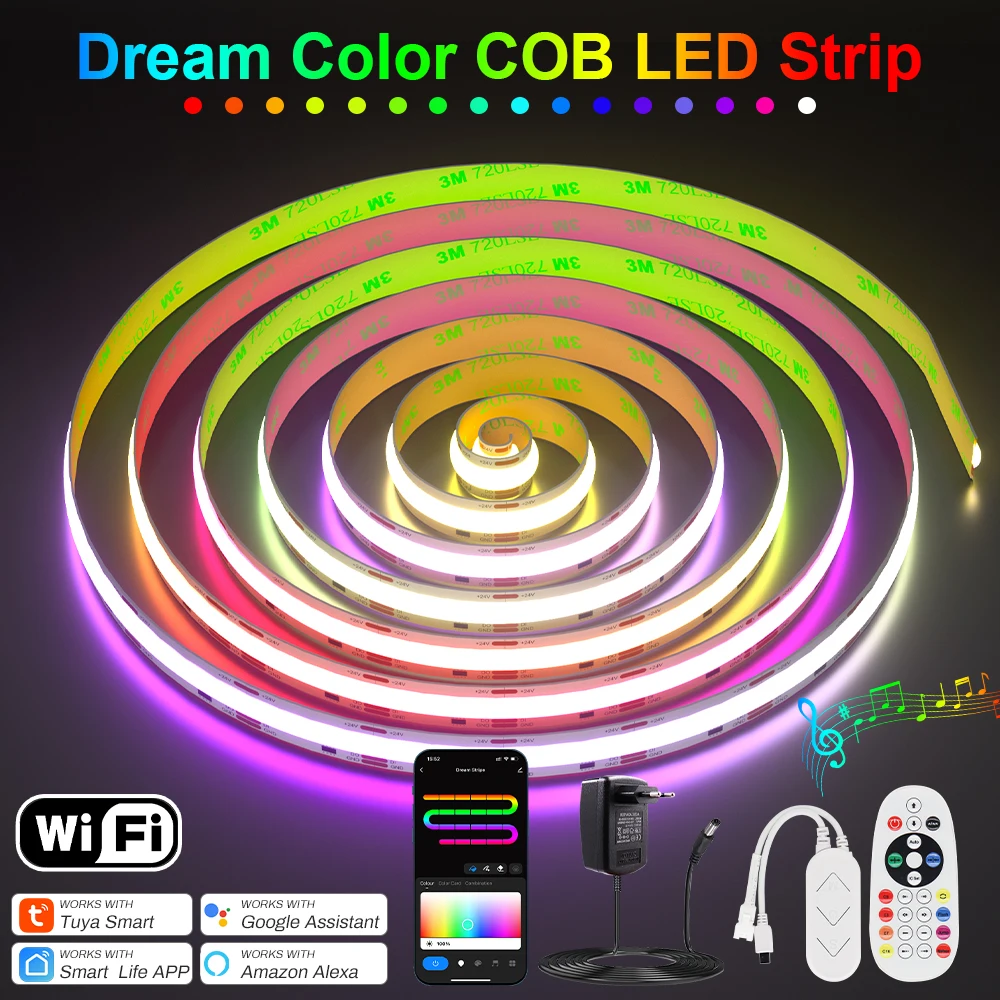 12V/24V Dream Color COB Led Strip RGBIC Addressable High Density Flexible Dimmable WiFi Smart DIY Run Water WS2811 LED Lights