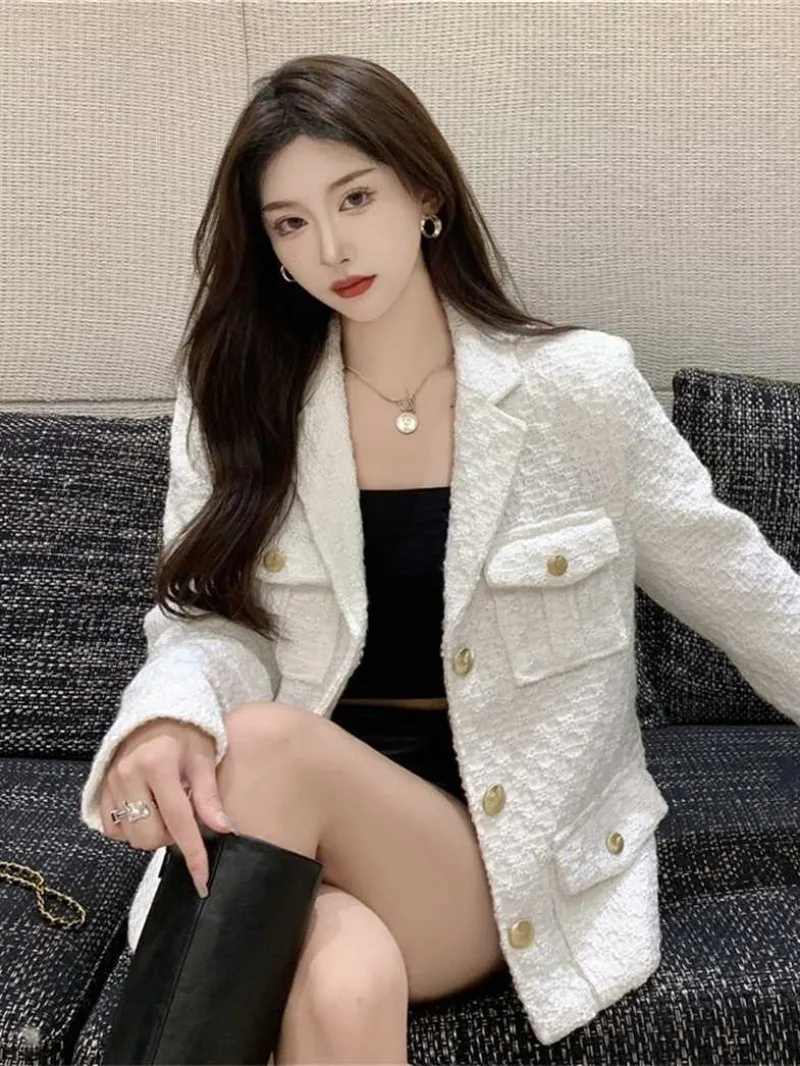 White Blazer Women's Spring Autumn New 2026 Korean Version Of Casual Fashion High-End Temperament Celebrity Top tweed Outcoat