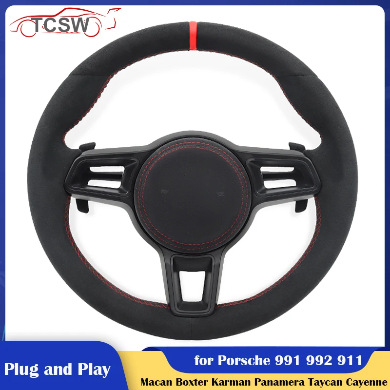 

Car Steering Wheel Alcantra with Red Stiching for Porsche Macan Panamera Taycan Cayenne Cayman 718 991 992 911 Boxter Karman