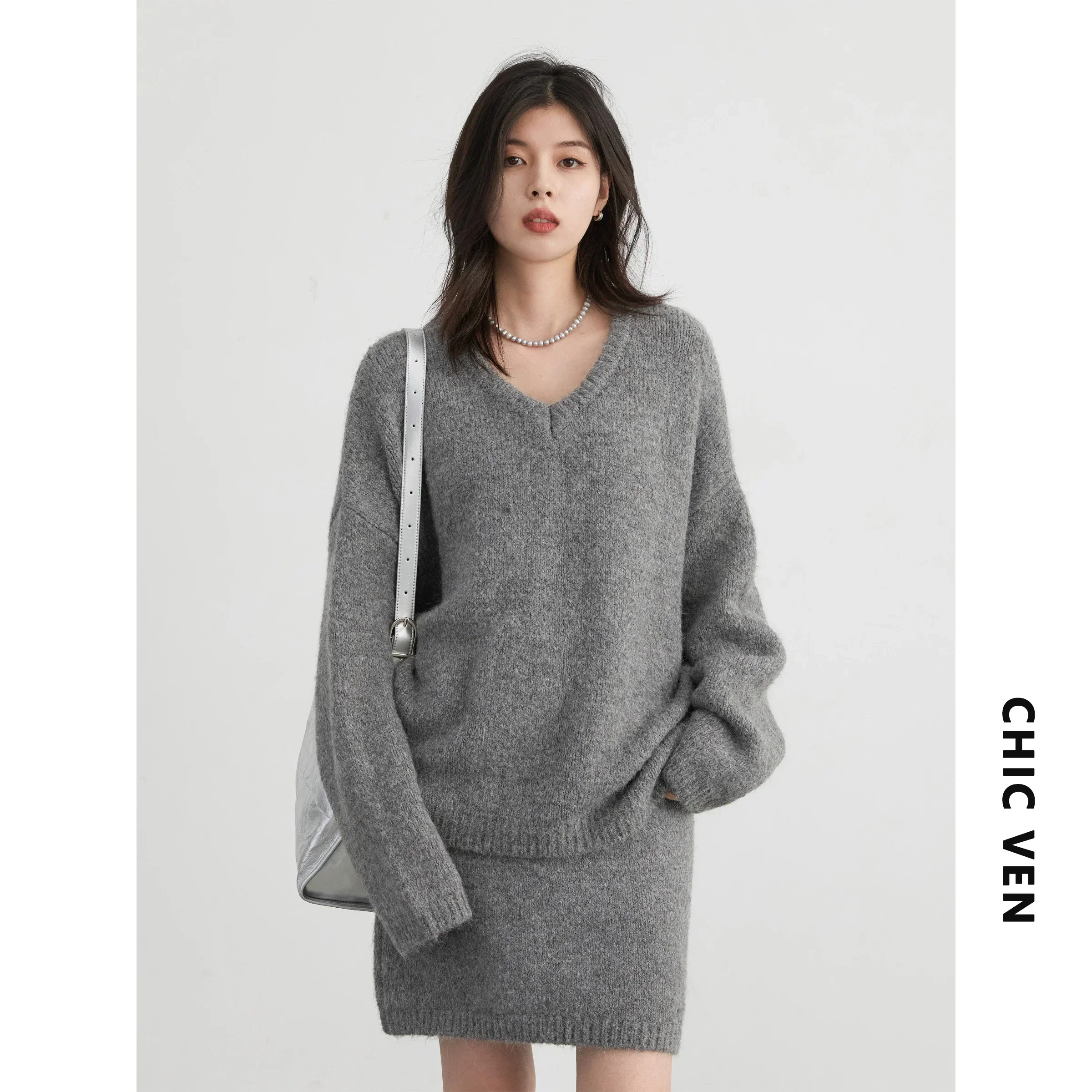 CHIC VEN-Ensemble jupe et pull pour femme, mini pull monochrome à col en V, jupes à jambe droite, mode printemps et automne, nouveau, 2024