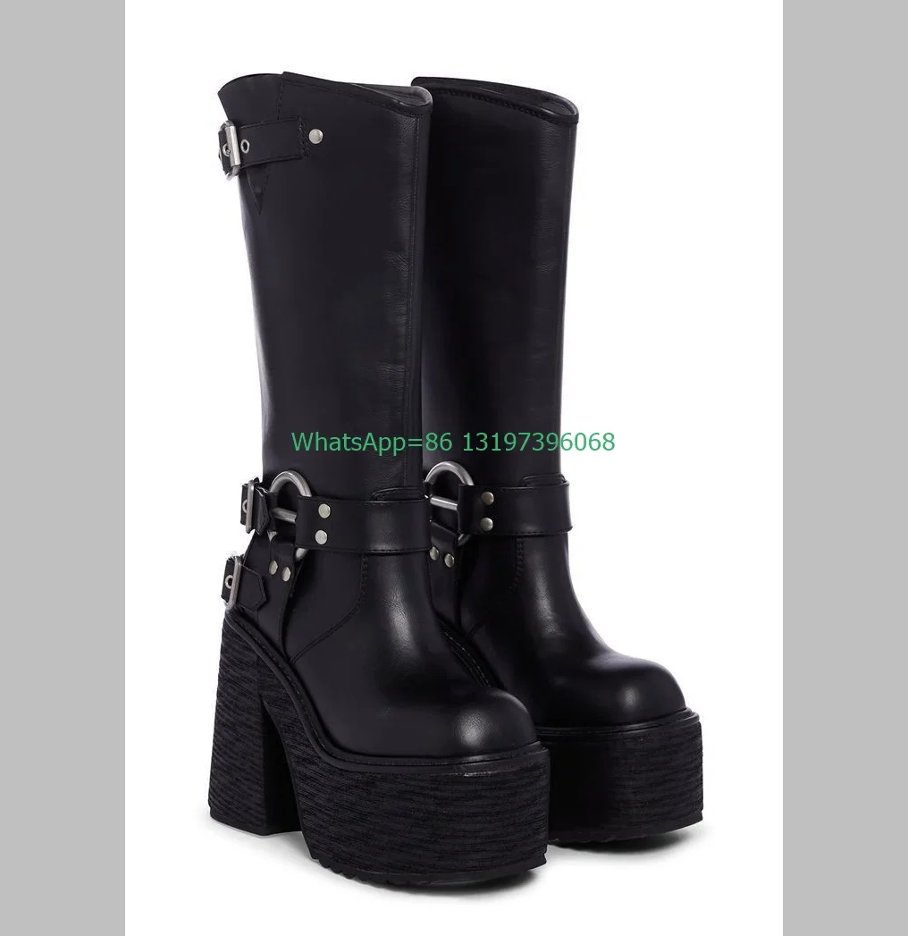 Lady Gothic Black Platform Chunky Heel Knee Boots Buckle Strap Metal Design Calf Boots Y2K New Arrive Runway Footwear Size 35-46