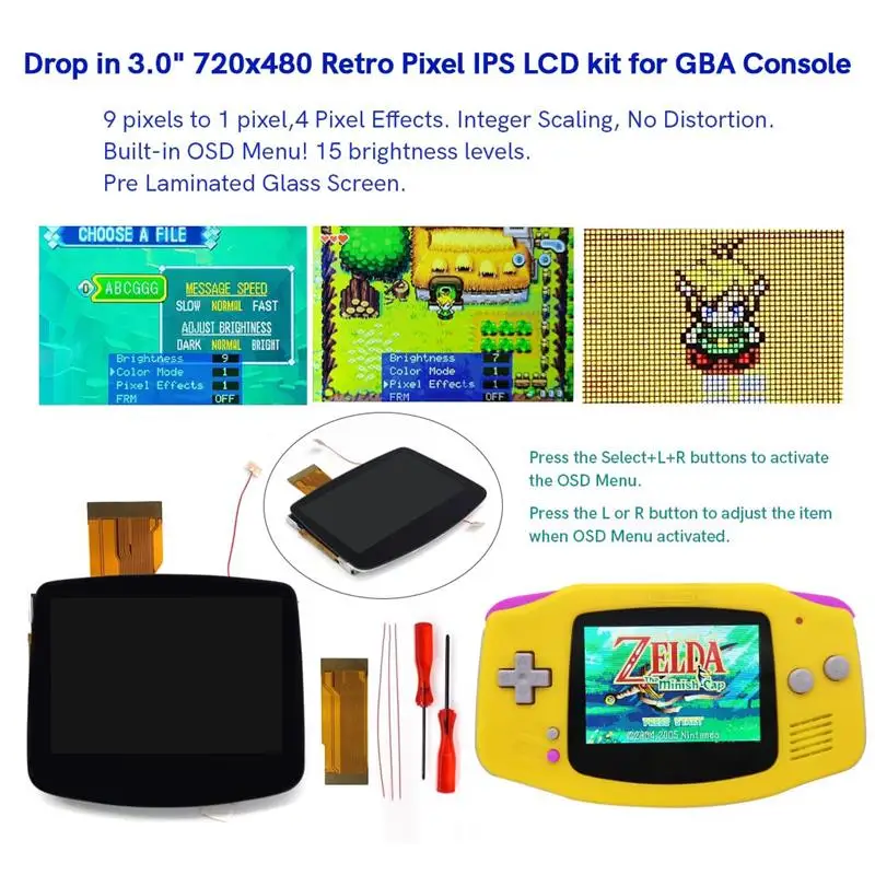 

New For GBA Drop in 720x480 Retro Pixel V5 Pre-laminated High Brightness OSD For Gameboy advance w/NEW Shell