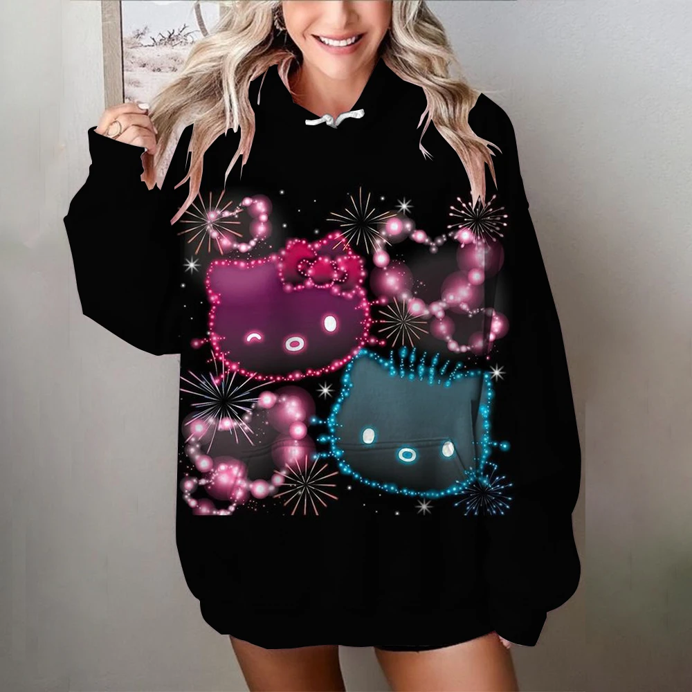 Women Y2K Hoodies Harajuku Hello Kitty Print Loose Sweatshirt Trousers Hip Hop Punk Long Sleeve Pocket Sweatpant Streetwear Tops