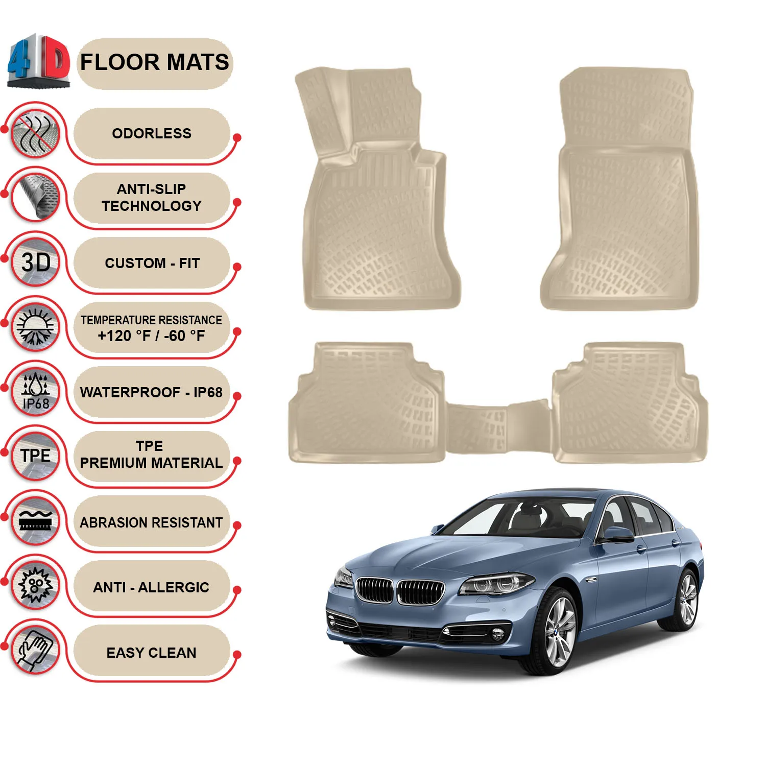 

BMW 5F10- (2010-2013) Floor Mats Liner Waterproof 3D - (Beige)