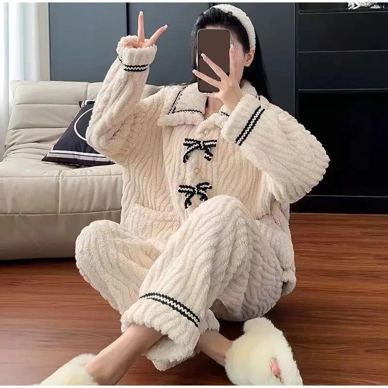 

2pcs/set Women's Pajamas Autumn And Winter Students Home Wear Padded And Thickened Warm Princess Clothes Women's Clothing