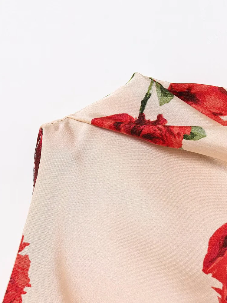 قميص نسائي صيفي جديد على الطراز الأوروبي والأمريكي بقصة ضيقة وطبعة زهور بدون ظهر من الساتان ورقبة رسن بدون أكمام #4