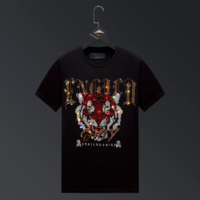 

2023 Tiger Rhinestones T Shirts Men Clothes Fashion Streetwear O Neck Short Sleeve Slim Modal Cotton Tshirts Man Plus Size 6XL