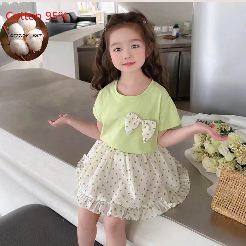 

Summer New Girl Outfit Baby Short Sleeved T-shirt Polka Dot Skirt Two Piece Set Female Child Top and Bottom Clothes Set 1-7Y