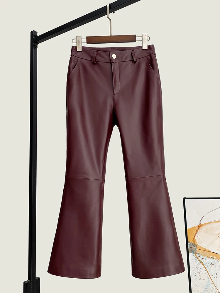 

Winter New High Quality Genuine Real Leather Pants Women's Fashionable All-Match High-Waisted Boot-Cut Sheepskin Cropped