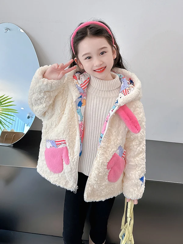 

Girls Winter Thiened Cotton Padded Hooded Jaet Double-Sided Fur Coat Warm Baby Girl Clothes Sweet Sle Loose Fit Zipper