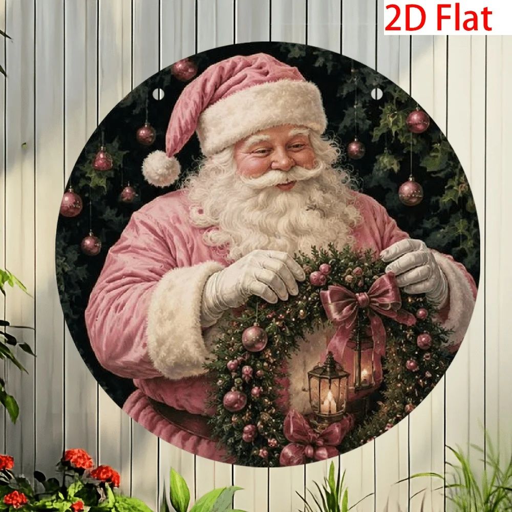 2D Flat Printing 1pc Retro Pink Santa Claus Christmas Tree Wooden Wall Art - Wooden Wreath Sign, Pre-Drilled for Easy Hanging, I