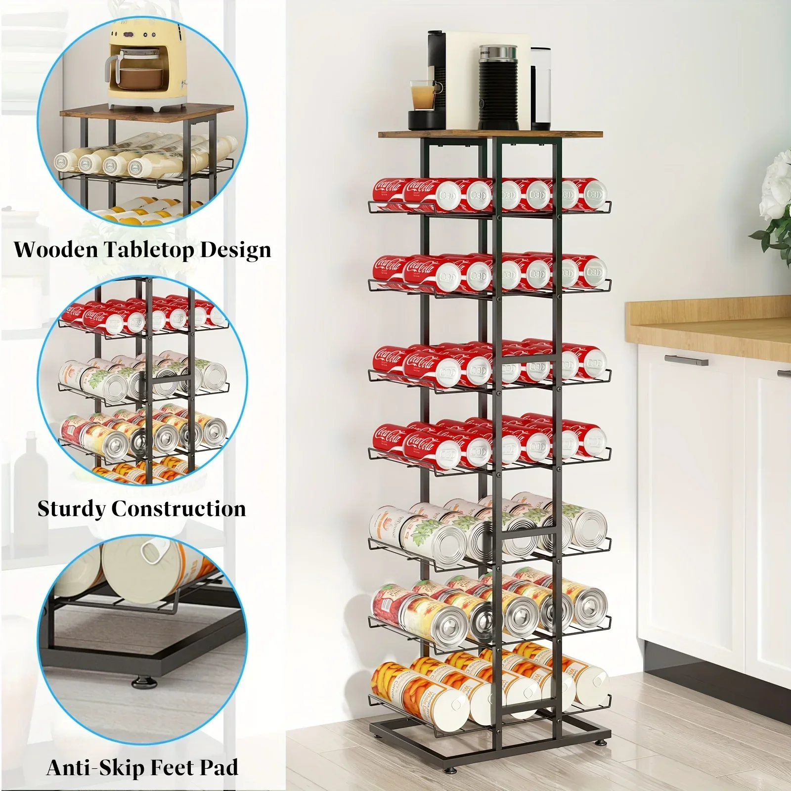 

8 Tier Water Bottle Storage Rack with Wooden Tabletop, Metal Beverage Can Rack, Large Capacity Bottled Rack Water Bottle