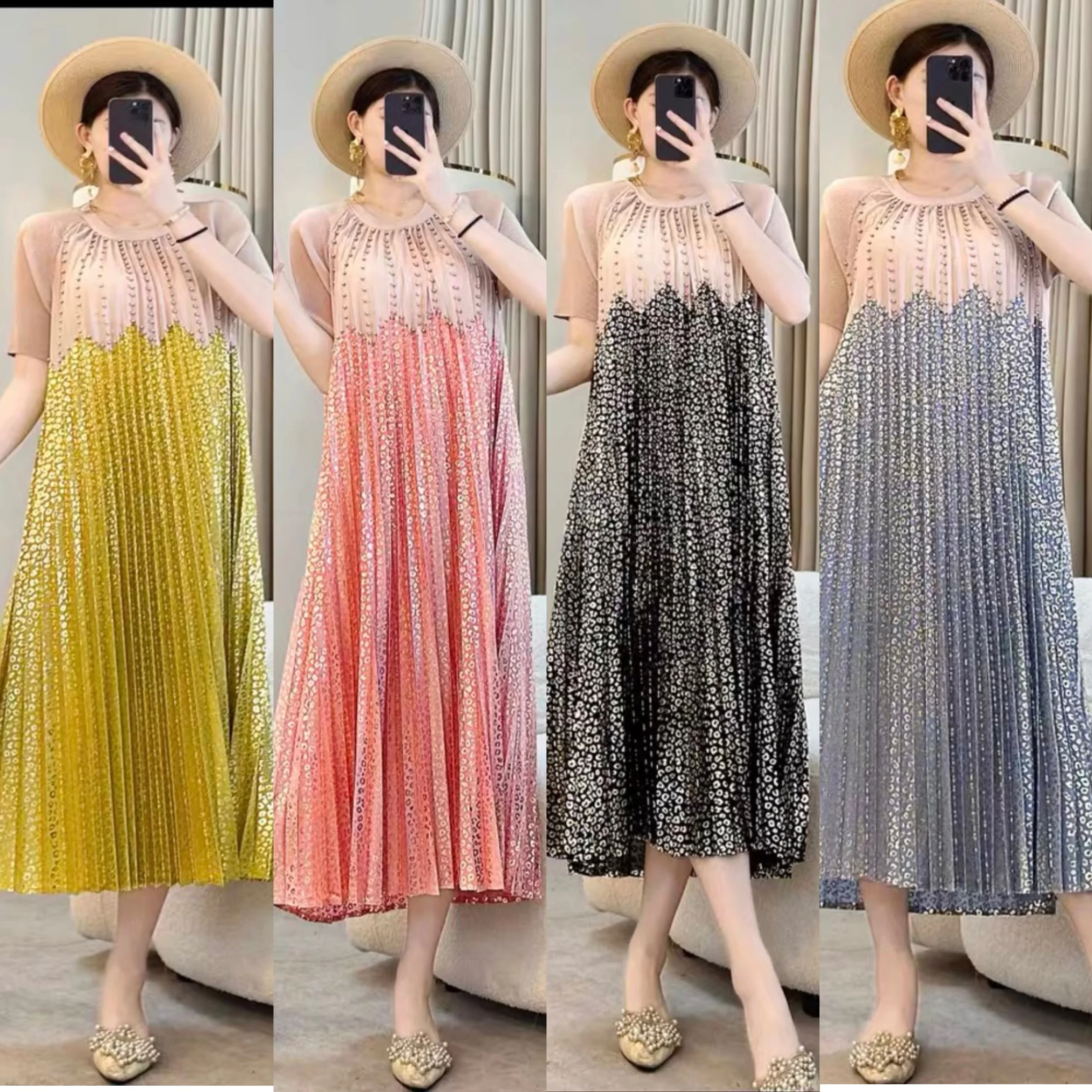 

Hot Stamping Printed Short Sleeved Dress 2025 Pleated Slimming and Age Reducing Nail Bead Summer Dress Women's Long Skirt Loose