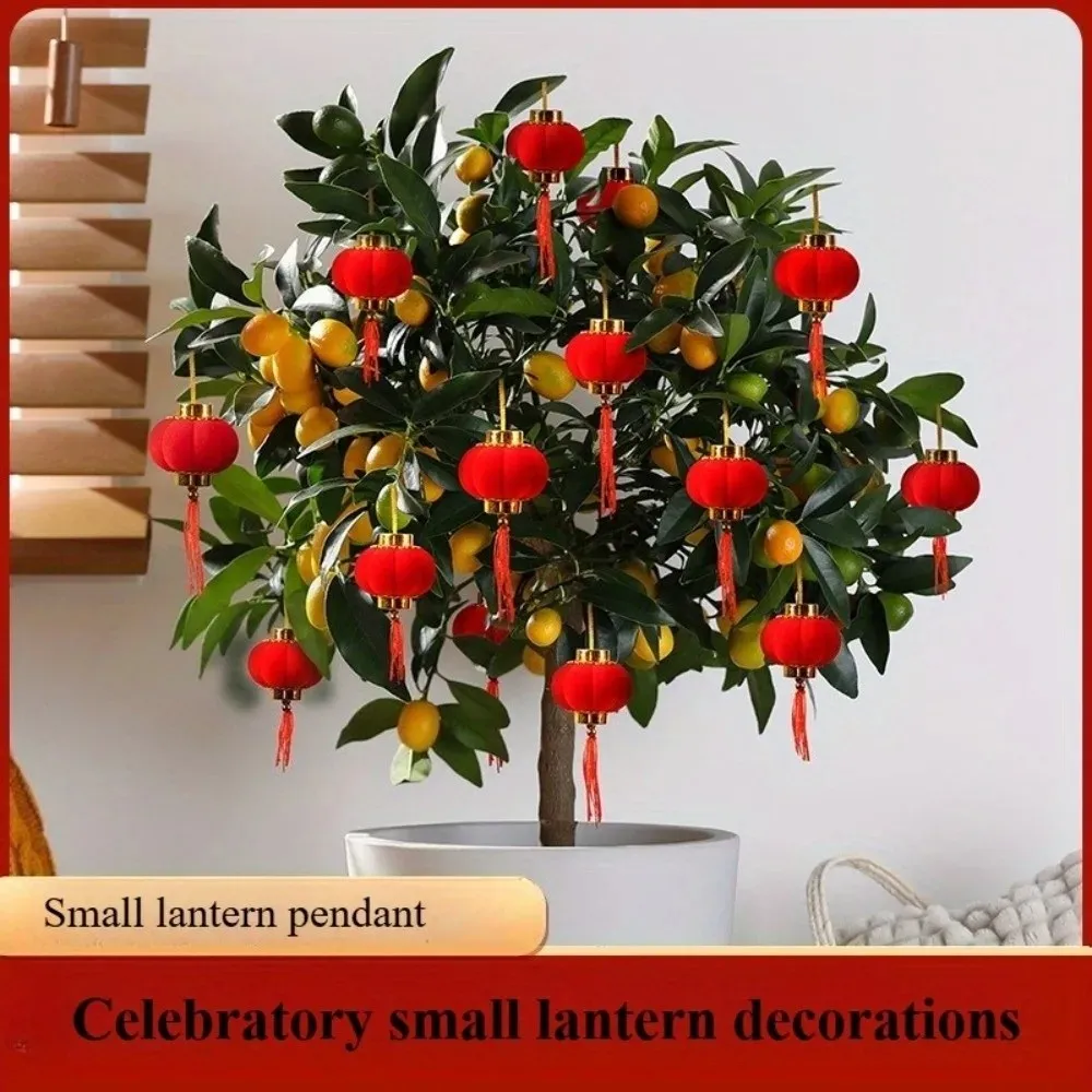 

30Pcs Flocking Chinese Lantern with Tassel Hanging Ornaments Red Lanterns Round Cartoon Mini Lantern Decoration