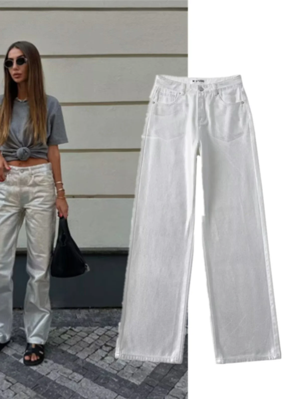 

Свободные прямые джинсы с высокой талией, женские металлические широкие брюки Par Color Rubbing Proc для похудения