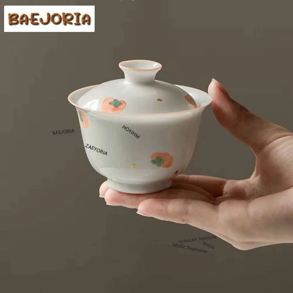 

90ml Hand-painted Persimmon Gaiwan Ancient White Porcelain Ercai Ruyi Tea Tureen Tea Making Cover Bowl Tableware Ornaments Gifts