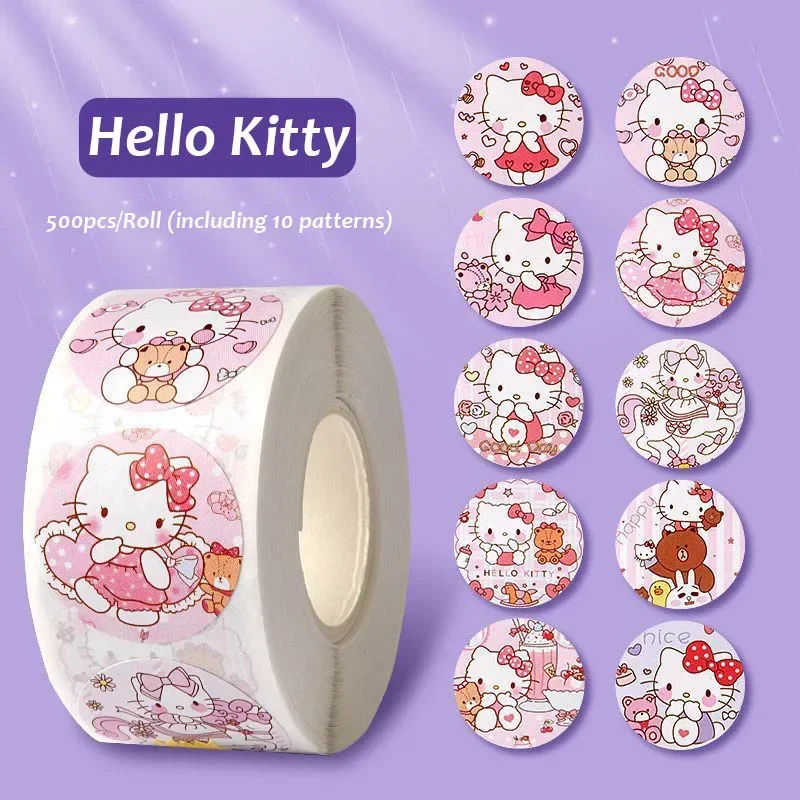 500pcs/Roll Cartoon Sanrio Stickers Kawaii Hello Kitty Kuromi Melody DIY Pvc Laptop Decals Decoration Kid Reward Gift Toy