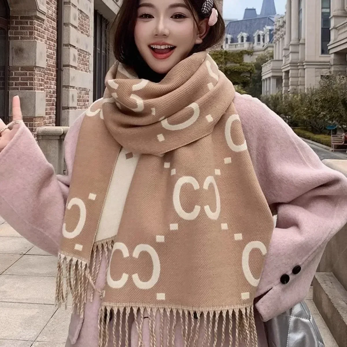 Winter scarf 2025 new high-end shawl double-sided letter versatile warm thick shawl Korean version couple scarf