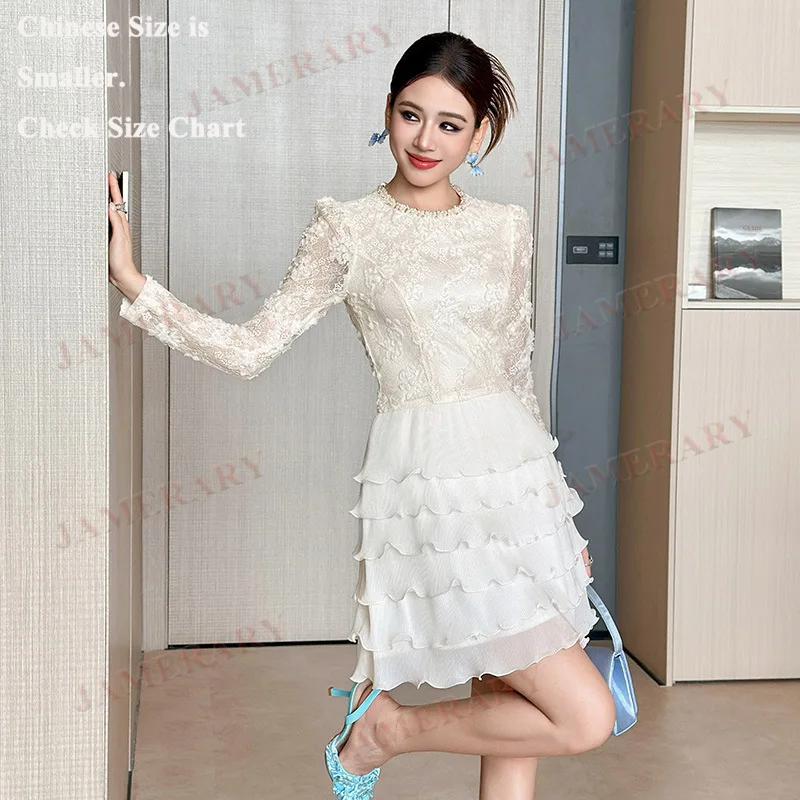 Vestidos cortos de noche formales de lujo de princesa de hadas para mujer, vestido de fiesta bordado 3D de manga larga con encaje bordado de verano y otoño