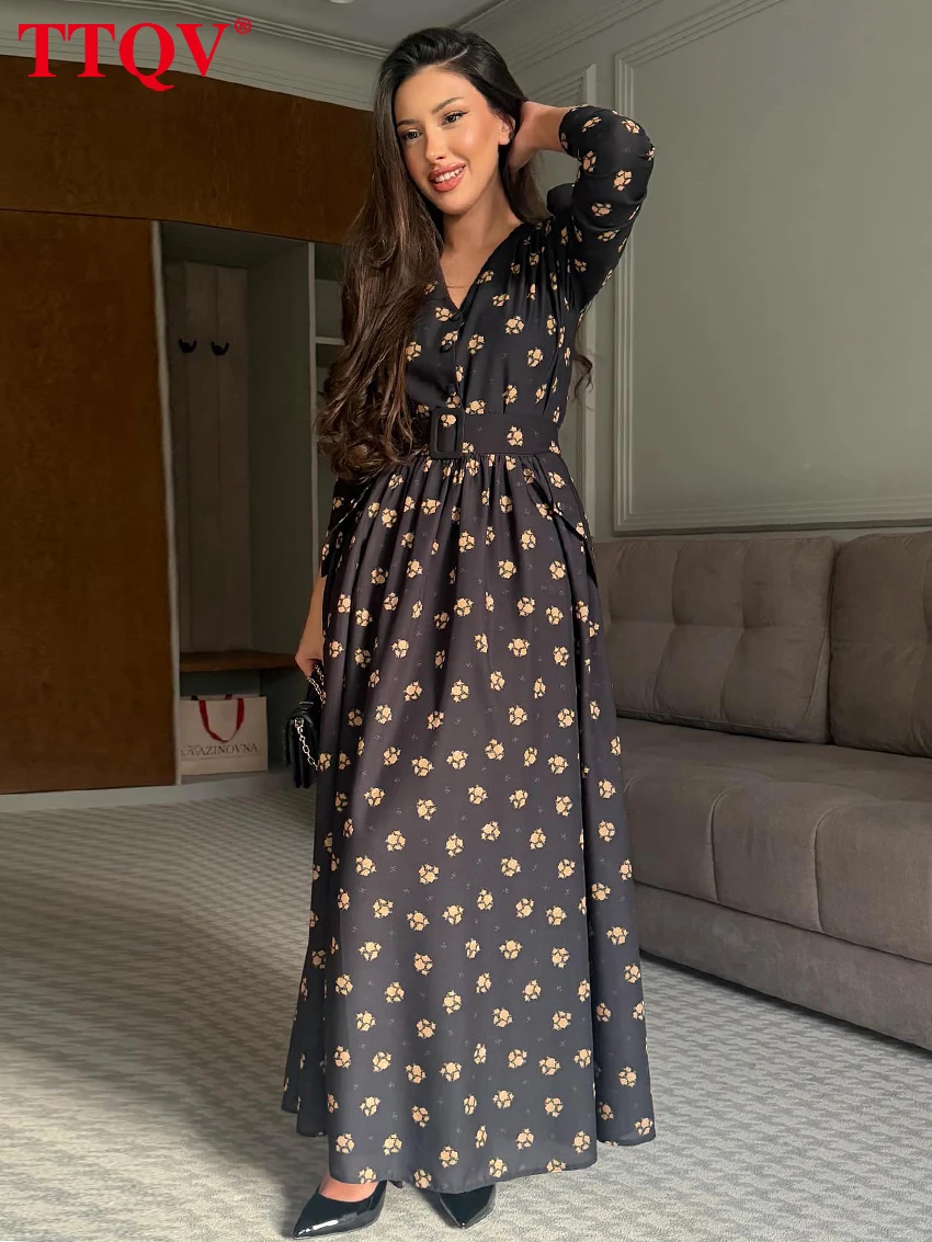 

TTQV Fashion Loose Print Women's Dress 2026 Sexy V-Neck Long Sleeve Ankle Length Dresses Elegant Classic High Waist Female Dress