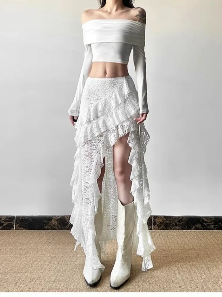 Deeptown Elegant Tulle Ruffle Skirt Women Boho Lace Vintage White Irregular Skirt Korean Style Summer Layered Mid Skirts Street